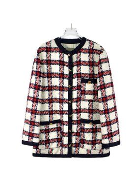 Gucci Multicolor Plaid Round-Neck Single-Breasted Tweed Knit Jacket